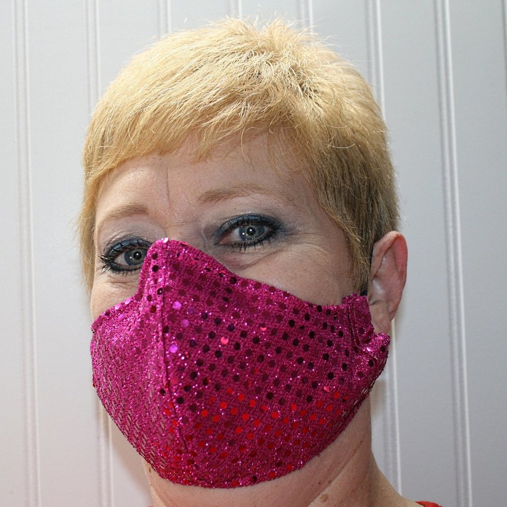 HAND CRAFTED Face Mask Hot Pink Confetti Dot Sequin - Adult - Shield Style